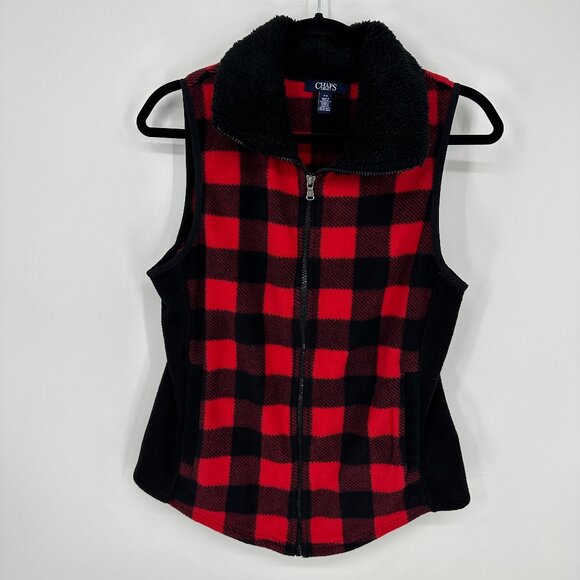 3/$25 Chaps Buffalo Plaid Fleece Vest MP Womens Sherpa Zip Up Check Black Red - Picture 1 of 8